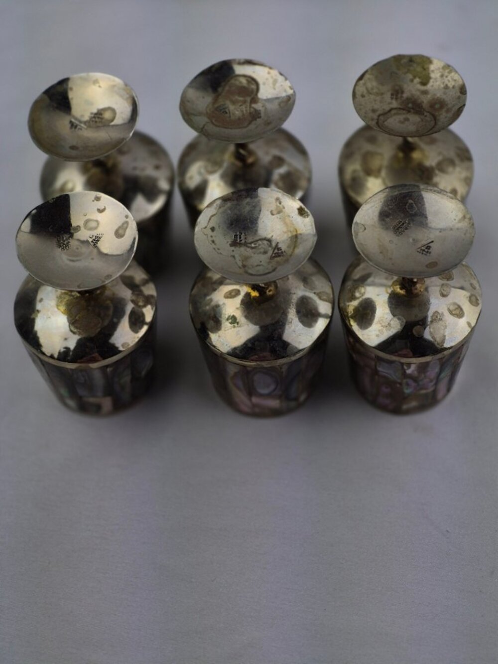 Vintage Taxco Mexican Abalone & Alpaca Silver Cordial Set 6 Shot Glasses & Tray - Picture 11 of 16